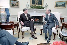 Trudeau and U.S. President Ronald Reagan, 1983 President Ronald Reagan meeting with Prime Minister Pierre Trudeau of Canada during working visit in Oval Office.jpg