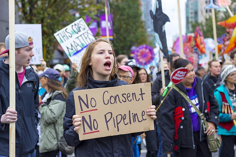 File:Protester holding sign stating No Pipeline, No Consent, during a Kinder Morgan Pipeline Rally on September 9th, 2017 in Vancouver, Canada.jpg
