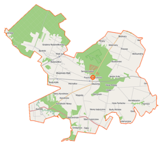 Mapa konturowa gminy Puszcza Mariańska, po prawej znajduje się punkt z opisem „Żuków”