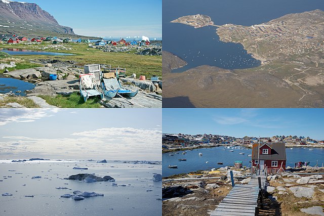 Clockwise from top left: Qeqertarsuaq, Qasigiannguit, Aasiaat, Disko Bay