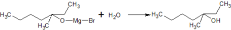 Reaction between the product of Grignard reagent and butanone with water