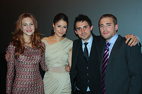 The cast of Repeaters at the Toronto International Film Festival (left to right): Alexia Fast, Amanda Crew, Richard de Klerk, and Dustin Milligan Repeaters World Premiere at TIFF10.jpg