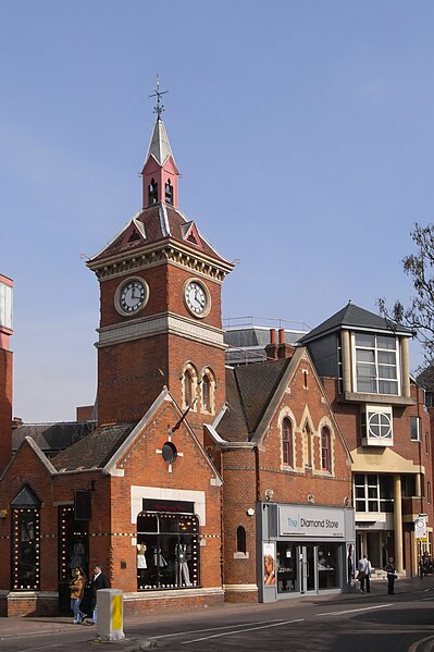 The town's former fire station, built in the late 19th century, with a distinctive lantern clock tower