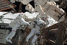 Astronauts Behnken and Patrick participate in the first spacewalk. STS-130 EVA1 Robert Behnken and Nicholas Patrick 1.jpg