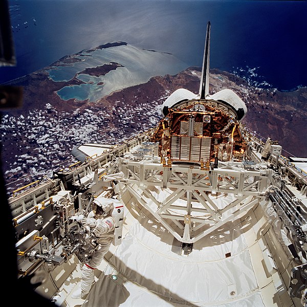 Leroy Chiao works in the payload bay.