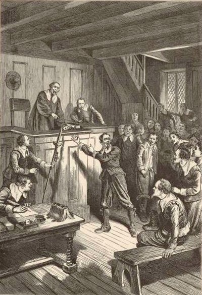19th century depiction of Gorton on trial in Portsmouth