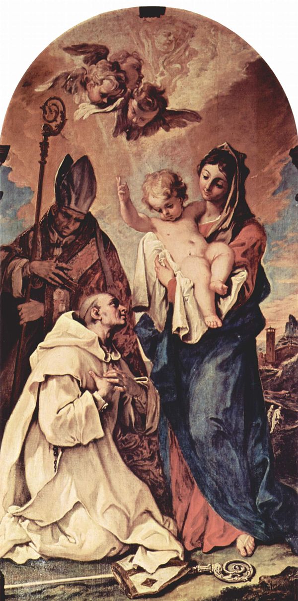 Painting by Sebastiano Ricci (1659–1734) depicting the founder of the Carthusians, Bruno of Cologne (c. 1030-1101), revering Mary, mother of Jesus and