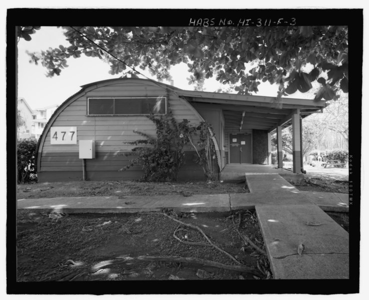 File:Side elevation of Building 477 showing the shed roof addition and horizontal siding at the ends, view facing northwest - U.S. Marine Corps Base Hawaii, Kaneohe Bay, Golf Course HABS HI-311-F-3.tif