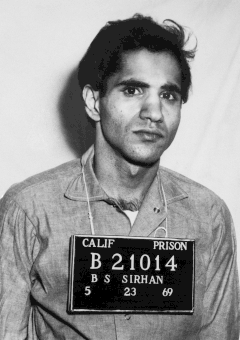 Black-and-white photographic portrait of Sirhan Sirhan taken after his arrest