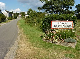 Sorcy-Bauthémont (Ardennes) city limit sign.JPG