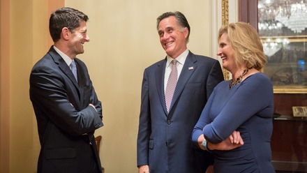 Mitt and Ann Romney share a moment with his former running mate, Paul Ryan, as they witness the election and ascension of Ryan as the 54th Speaker of the House of Representatives on October 29, 2015