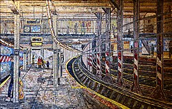 Mosaic depicting the 14th Street-Union Square station's platform at the entrance to Spring Street station Spring Street Mosaic.jpg