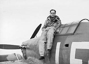 Douglas Bader commanded 242 Squadron during the battle. He also led the Duxford Wing. Squadron Leader Douglas Bader, CO of No. 242 Squadron, seated on his Hawker Hurricane at Duxford, September 1940. CH1406.jpg