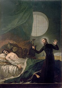 Painting in the Valencia Cathedral by Francisco de Goya of Saint Francis Borgia performing an exorcism. St. Francis Borgia Helping a Dying Impenitent by Goya.jpg