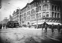 Indians in Vancouver, 1908 Streetcars passing at the 400 Block of Granville Street, Vancouver, in 1908.jpg