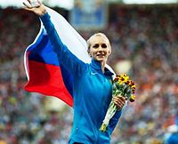 Swetlana Schkolina – hier noch als gefeierte Siegerin, später wegen ihres Dopingbetrugs gesperrt und disqualifiziert