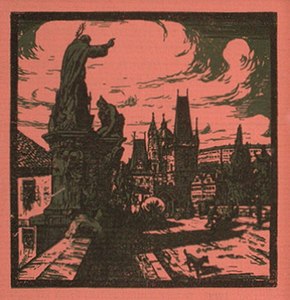 Vue du vieux Prague (gravure sur bois, 1930)