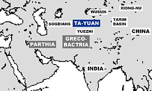The Dayuan (in Ferghana) was one of the three advanced civilizations of Central Asia around 130 BCE, together with Parthia and Greco-Bactria, according to the Chinese historical work Book of Han. Ta-YuanMap.jpg
