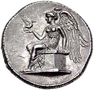 On mythology, a stater of Terina, showing Nike and a dove.