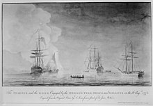 The Phoenix and the Rose engaged by the enemy's fire ships and galleys on 16 August 1776. Engraving by Dominic Serres after a sketch by Sir James Wallace