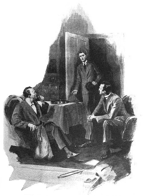 [Image description: Interior view of the Baker Street apartment. A young man standing in the doorway, hat in hand. Holmes and Watson both sitting in their arm-chairs and looking over at him.]