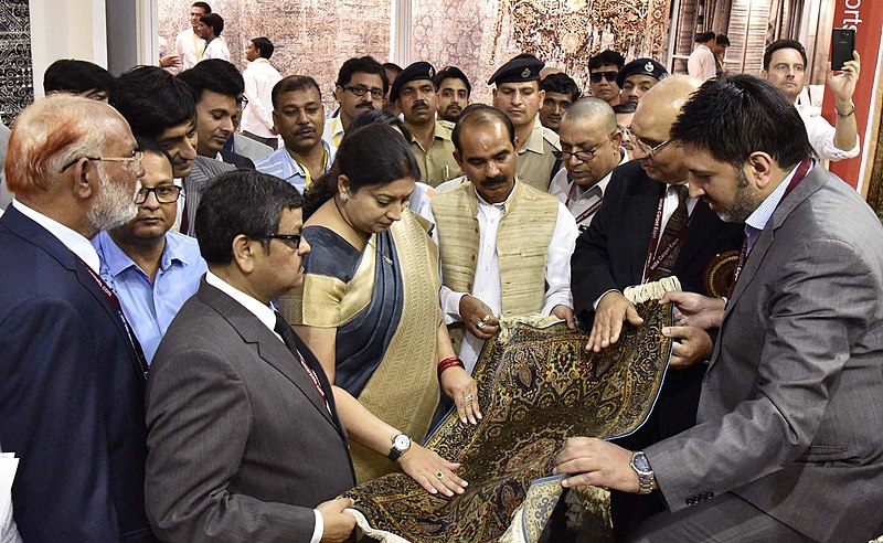 File:The Union Minister for Textiles, Smt. Smriti Irani visiting after inaugurating the 33rd Edition of India Carpet Expo, in New Delhi on March 27, 2017. The Minister of State for Textiles, Shri Ajay Tamta is also seen (1).jpg