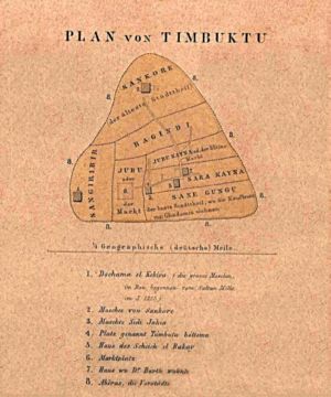 An 1855 map of Timbuktu, published in Petermann's Geographische Mitteilungen, shows the different parts of the mid-nineteenth century city. The cartography was based on Heinrich Barth's September 1853 visit to Timbuktu.[46]