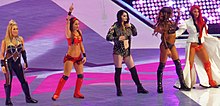 Natalya (far left) performing her entrance with her fellow Total Divas co-stars at WrestleMania 32 in April 2016 Total Divas team WrestleMania 32 2.jpg