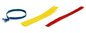 Blue, yellow, and red twist ties. The blue one is twisted to demonstrate how they are used.