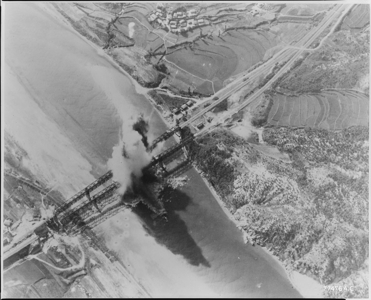 File:Two Probables. These railroad bridges cross Kum River about 10 miles north of Taejon. On near bridge, left approach... - NARA - 542200.tif