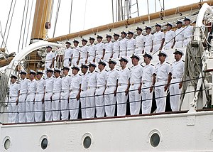 US Navy 040518-N-9662L-023 Chilean crew members aboard the training ship Esmeralda (BE 43) sing the Chilean Navy Helm.jpg