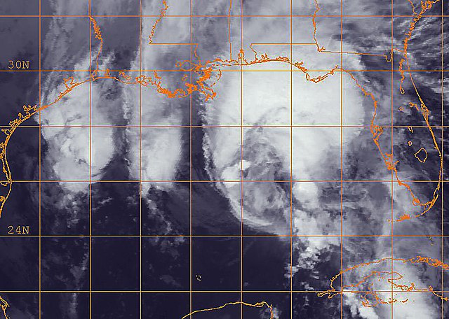 Infrared satellite image of Tropical Storm Ida nearing the United States Gulf Coast, as it became extratropical