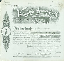 Share of the Vulcan Motor & Engineering Company, issued 30 September 1930 Vulcan Motor Engineering Co. (1906) Ltd., 1930.jpg