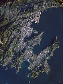 Satellite photo of central Wellington (south at bottom left) Wellington - ISS016-E-5121 lrg.jpg