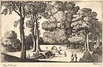 The Mineral Spring, etching by Wenceslas Hollar (1607-1677). The unidentified central European spring features a sunken stone basin and ornamental retaining wall. Wenceslas Hollar - The mineral spring (State 4).jpg