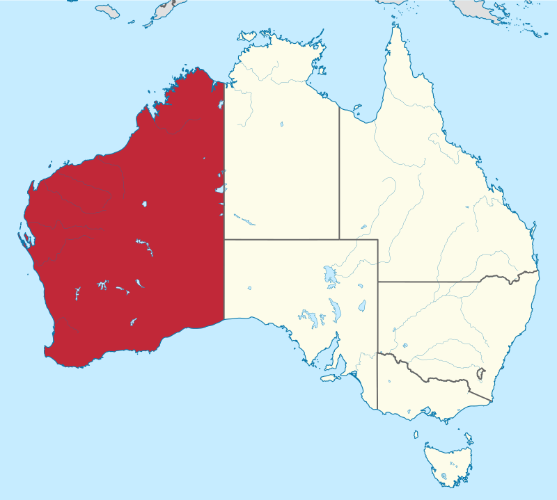 Localisation de l'Australie-Occidentale (en rouge) à l'intérieur de l'Australie