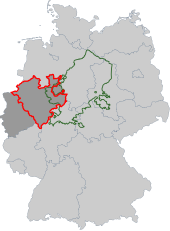 Prussian Westphalia edged in red, the Kingdom of Westphalia edged in green with the territorial overlap of former Minden-Ravensberg, pasted over today's borders with North Rhine-Westphalia in dark grey.