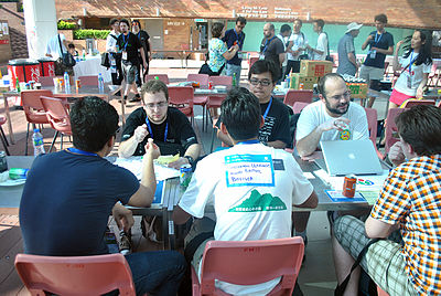 Wikimania 2013 - Affcom Stand at Chapters Village.jpg