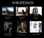 A collage of pictures symbolizing clichés of how Wikipedians are seen. Feel free to link to a longer explanation of the meme, I couldn't find one.