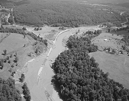 Aerial view of Woods Mill showing the aftermath of Hurricane Camille, including evidence of flood damage Woods Mill Aerial View (7797532016).jpg