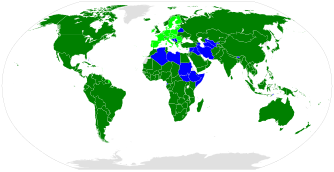 A world map of World Trade Organization participation:
Members
Members, dually represented with the European Union
Observer
Non-member World Trade Organization Members.svg