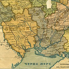 Map of Southern Ukraine before the World War II where Dzharylhach is a spit (sandbar), not an island