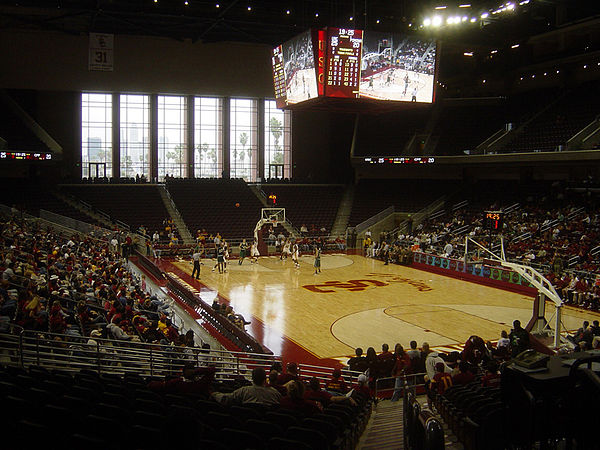 USC men playing a pre-season game against the Cal Poly Broncos at Galen Center.