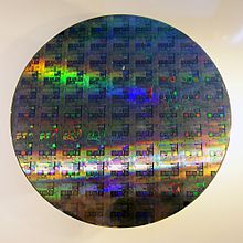 A 12-inch silicon wafer can carry hundreds or thousands of integrated circuit dice 12-inch silicon wafer.jpg