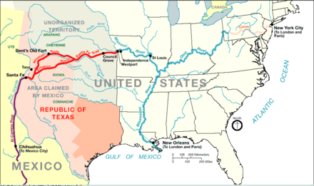 Mapa de 1845 que mostra el Camino Real (en morat) i el Camí de Santa Fe (en vermell)