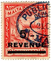 The 5/- stamp of 1908, overprinted on a special printing of the 10/- stamp in red (the stamp had been originally issued as a 10/- postage stamp in black in 1899) 1908 5s on 10s red revenue stamp of Malta.jpg