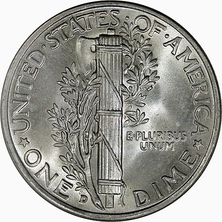 The reverse of the Mercury dime, with a fasces and, like the Roosevelt, an olive branch