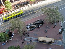 The intersection of Market Street and Drumm Street. Embarcadero station entrances can be seen in the center and top left. An F Market & Wharves streetcar is running east on Market Street (left, just above center) and a California Street line cable car waits in the pinch tracks (lower right). 2007 San Francisco Market & Drumm Sts 01.jpg