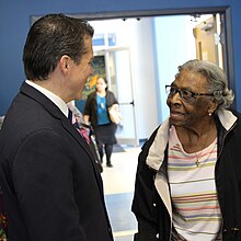 Congressman Boyle speaking with a constituent at his annual Senior Expo in North Philadelphia, June 2019 2019 Senior Expo 14.jpg