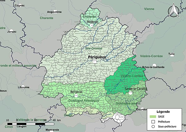 Carte des SAGE de la Dordogne au 17 juin 2022. Le département est couvert par 6 SAGE (Charente, Vézère-Corrèze, Islle-Dronne, Dordogne amont, Dordogne atlantique, Dropt)